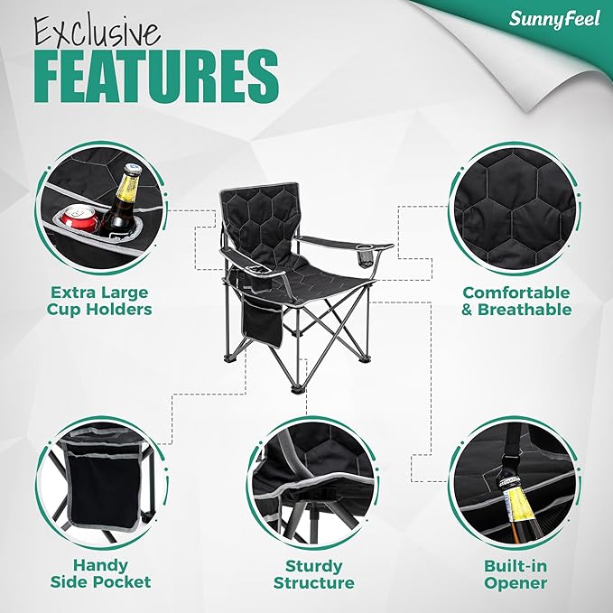 SUNNYFEEL Camping Chairs for Adults Padded Oversized Camping Chair Heavy Duty 500LBS Portable Lawn Chair with Cup Holder Side Pocket&ampBag for Outdoor Camping/Beach/Picnic/Fishing Black