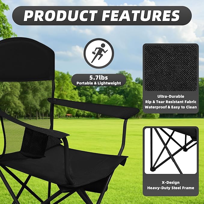 Lightweight Camping Chair for Adults 300lbs Capacity Foldable Portable Lawn Chair with Carry Bag Outdoor Chair for Camping Lawn Beach &amp Travel Black