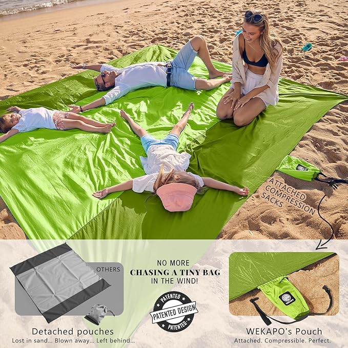 WEKAPO Beach Blanket Sandproof Waterproof Extra Large Beach Mat Oversized &amp Compact Sand Free Quick Drying Beach Essentials for Vacation Cruise Picnic &amp Camping with Stakes
