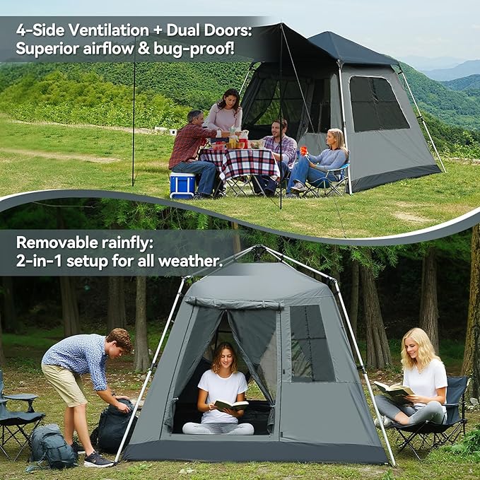 Instant Pop-Up Camping Tent with Removable Sunshade - 3-4 Person Dome Tent with UV Protection &amp Ventilation Waterproof Windproof for Beach Hiking Outdoor.