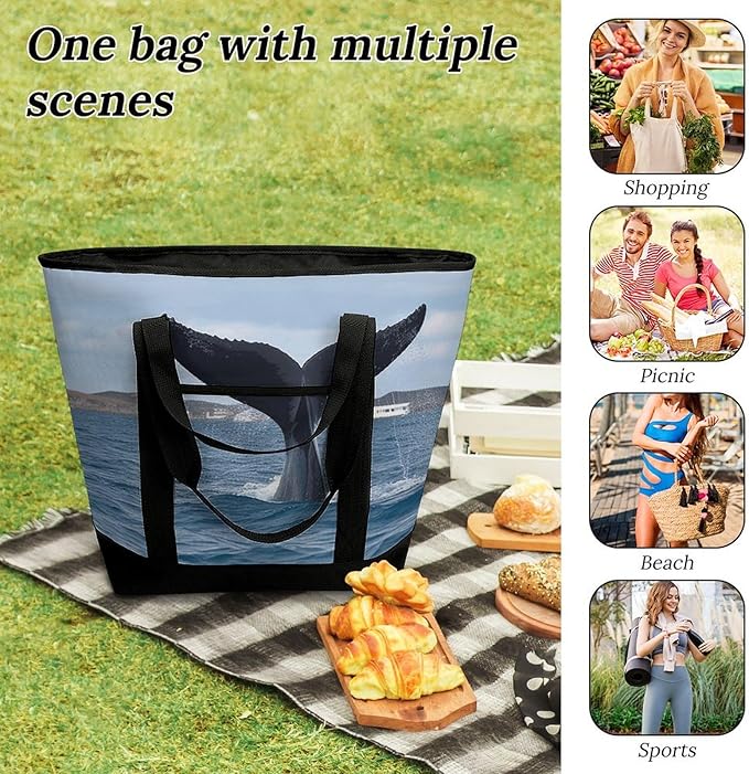 Insulated Shopping BagLarge Reusable Cooler Bags Whale Tail Printed Foldable Shopping BagTravel Waterproof Shoulder Bag