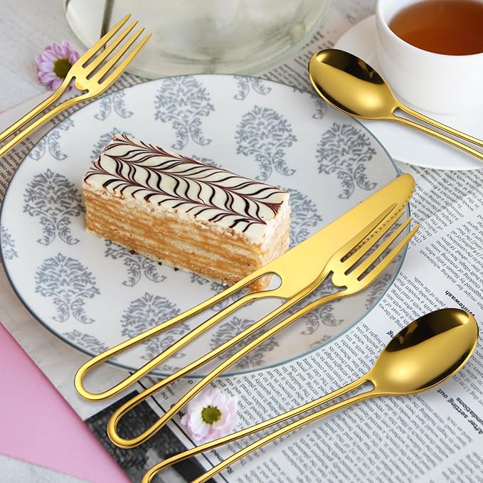 Gold Silverware Hollow 20 Piece Flatware Set For 4 Kitchen Cutlery Stainless Steel Forks Spoons and Knives Unique Utensils Party Festival Restaurant Durable