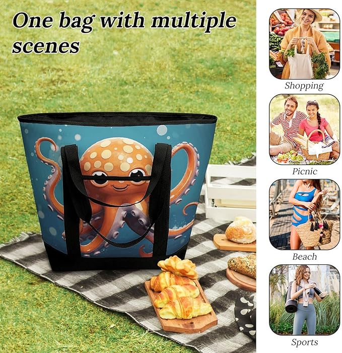 Insulated Shopping BagLarge Reusable Cooler Bags Cartoon Octopus Printed Foldable Shopping BagTravel Waterproof Shoulder Bag