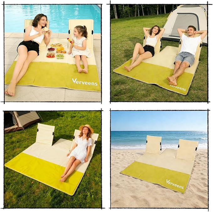 2-Person Portable Beach Lounge Chair with Carry Bag - Lightweight Outdoor Picnic Mat with Back Support for Beach Picnic Concerts Camping &amp Park (Beige and Yellow)