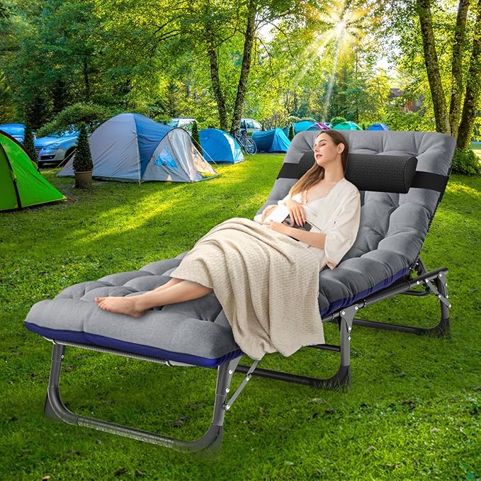 Barbella Folding Camping Cots Patio Lounge Chair with Mattress 4 Position Adjustable Folding Sleeping Bed Patio Chaise Lounge Chairs for Sunbathing Camping Pool Beach Patio