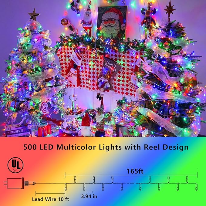 YEGUO 165ft 500 LED Christmas Lights Outdoor Waterproof Clear Wire String Lights Indoor Plug in 8 Modes Twinkle Tree Light Multicolor