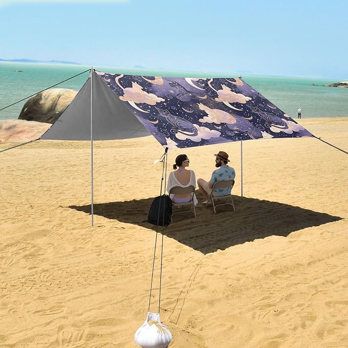 Camping Sun Shelters Moon Clouds and Cats Pattern Beach Canopy 126 * 110.2in