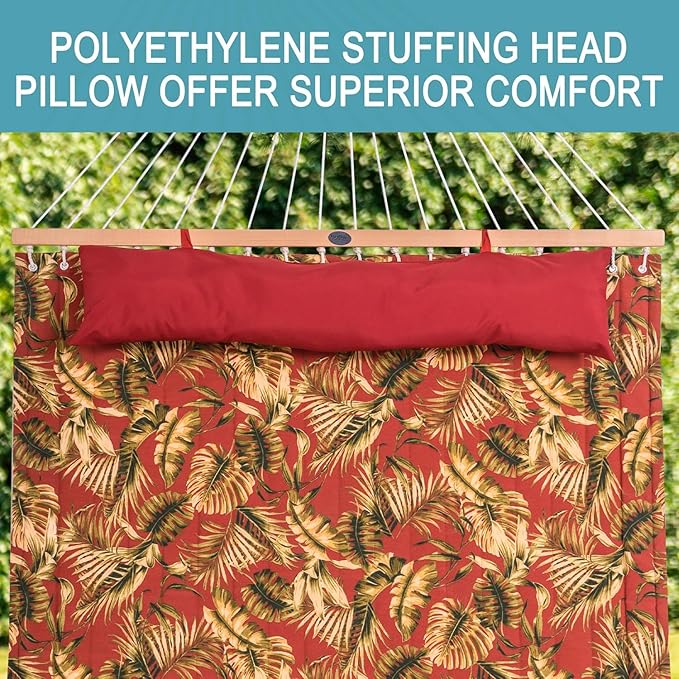 Lazy Daze Hammocks 12FT Quilted Fabric Hammock with Soft Pillow Double 2 Person Tree Hammock with Spreader Bar for Outside Patio Poolside Backyard Beach 450 lbs Capacity Red Leaf