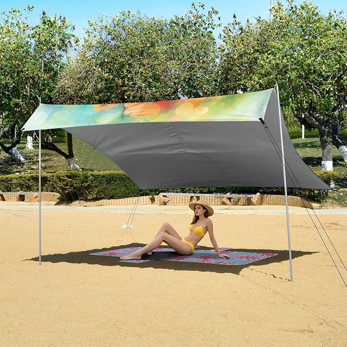 Colorful Flowers Painting Beach Tent Sun Shelter 9.2' x 10.5' Beach Canopy with 4 Sandbags 4 Stability Poles Sand Shovels - Tent Canopy for Beach Camping Fishing Picnics
