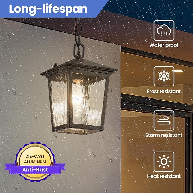 Outdoor Pendant Light Black Outdoor Porch Light fixtures with Anti-Rust Exterior Hanging Lantern Height Adjustable Outside Chandelier with Water Glass for House Patio Garage