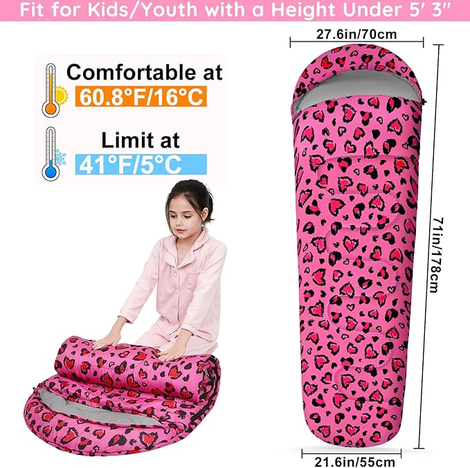 FIOBEE Kids Sleeping Bag for Girls Boys 3 Season Warm &amp Cool Weather Youth Camping Sleeping Bags with Backpacking Bag Waterproof for Traveling Hiking Indoor Outdoor Camping Essentials