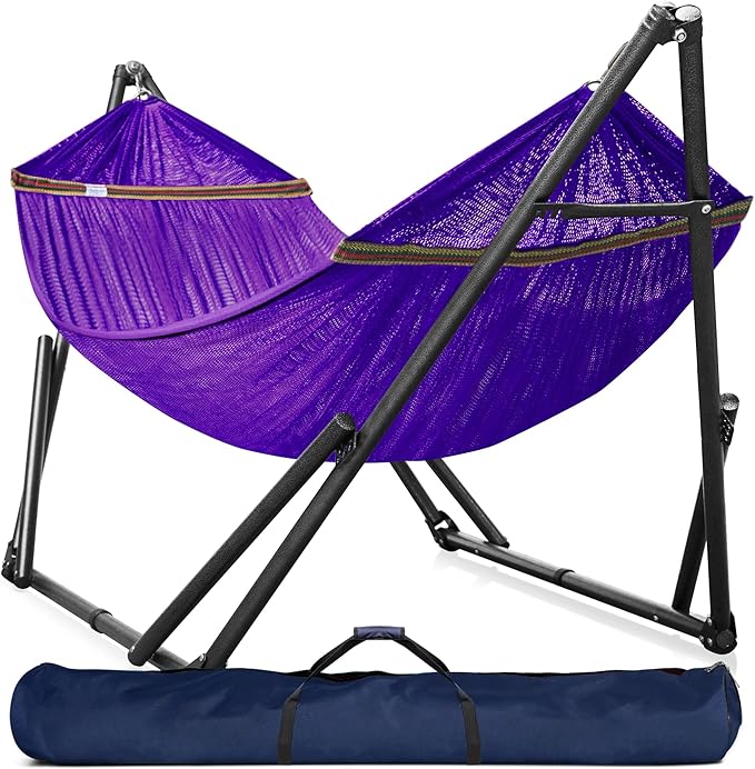 Tranquillo Universal Double Hammock with Stand Included for 2 Persons/Foldable Hammock Stand 600 lbs Capacity Portable Case - Inhouse Outdoor Camping Purple