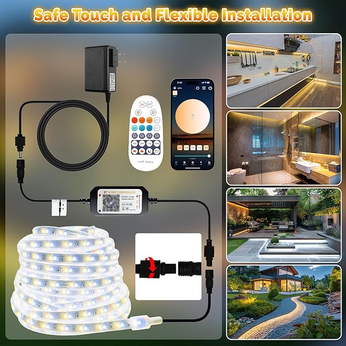 32.8FT Outdoor LED Strip Lights Waterproof IP67 Dimmable 3000K-6500K Warm White LED Rope Lights Outdoor Waterproof with Remote &amp APP 24v Adhesive Exterior Lighting for Patio Deck Gazebo
