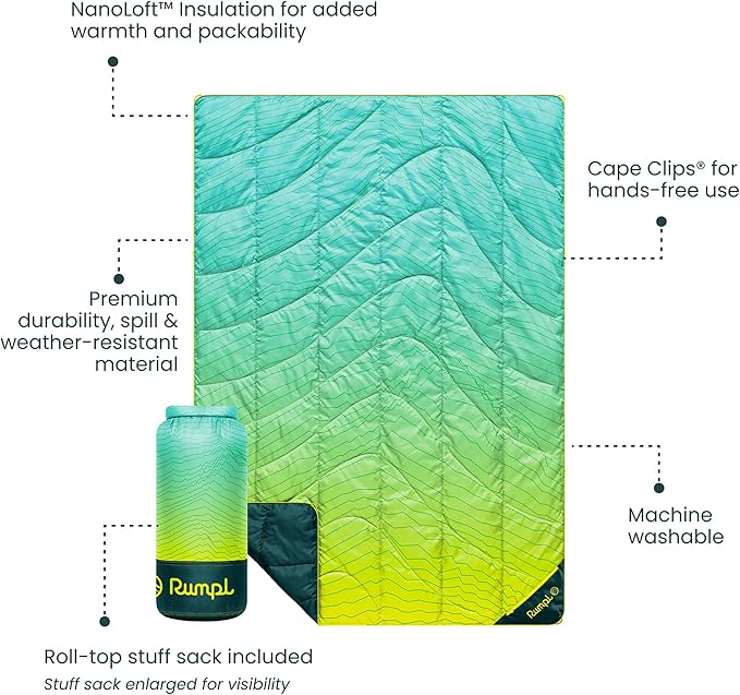 Rumpl Backcountry Puffy Blanket - Packing Comfort Into Uncomfortable Places 100% Recycled Polyester Insulation Lightweight Packable Water Resistant 52 x 75 Ridge Lines