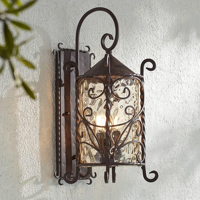 John Timberland Casa Seville Rustic Outdoor Wall Light Fixture Lantern Dark Walnut Iron Scroll 23 3/4 Hammered Glass Decor for Exterior House Porch Patio Outside Deck Garage Front Door Home