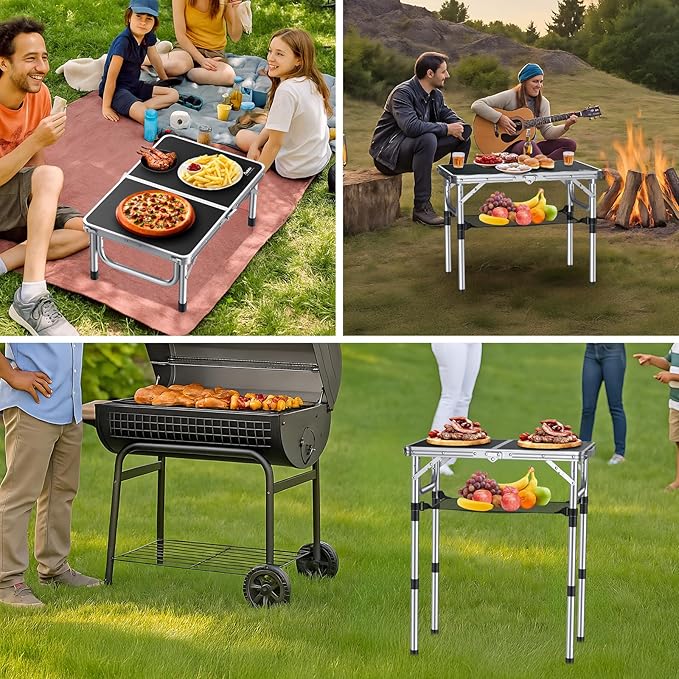 Anbte Folding Camping Table Aluminum 24 x 16 Adjustable Height Small Folding Table with Carrying Handle Lightweight Portable Camping Table Waterproof for Outdoor Indoor Picnic Beach BBQ (Black)