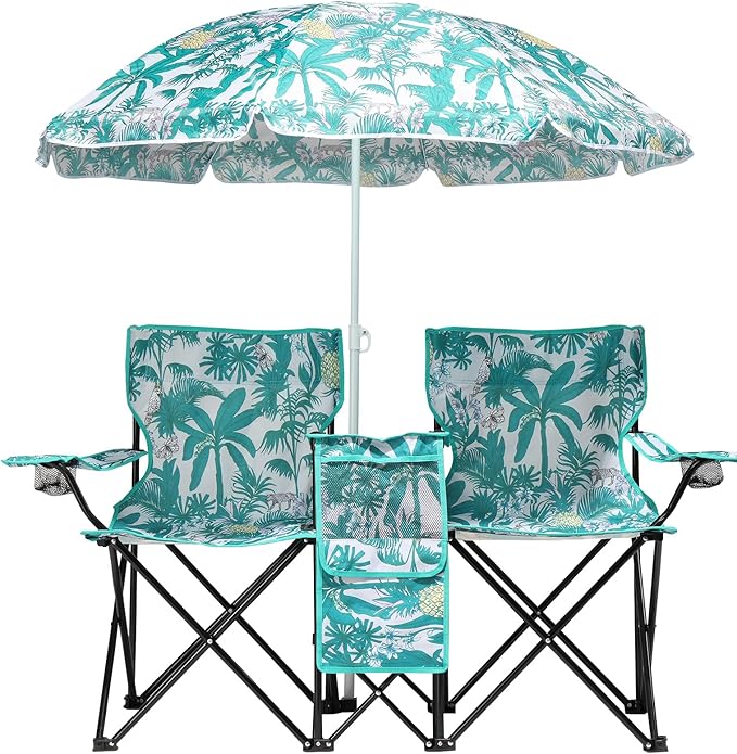 Double Folding Camping Chair W/Umbrella Fold Up Table Beverage Holder Carrying Bag Cooler for Patio Pool Park Outdoor Beach Picnic Portable (Pineapple)