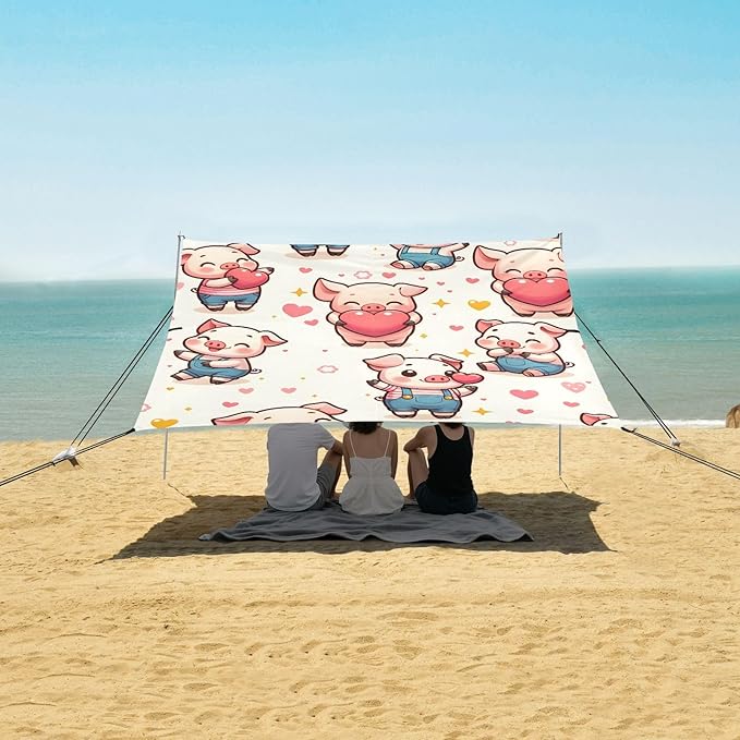 Cute Pig with Heart Camping Sun Shelter Beach Tent Portable Beach Sun Shade Outdoor Canopy for Camping Trips Fishing Picnic