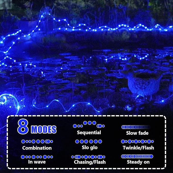 YEGUO Solar Christmas Light Outdoor Waterproof 66ft 200 LED Blue Rope Lights 8 Modes Tube String Lights in Clear Thin Tube