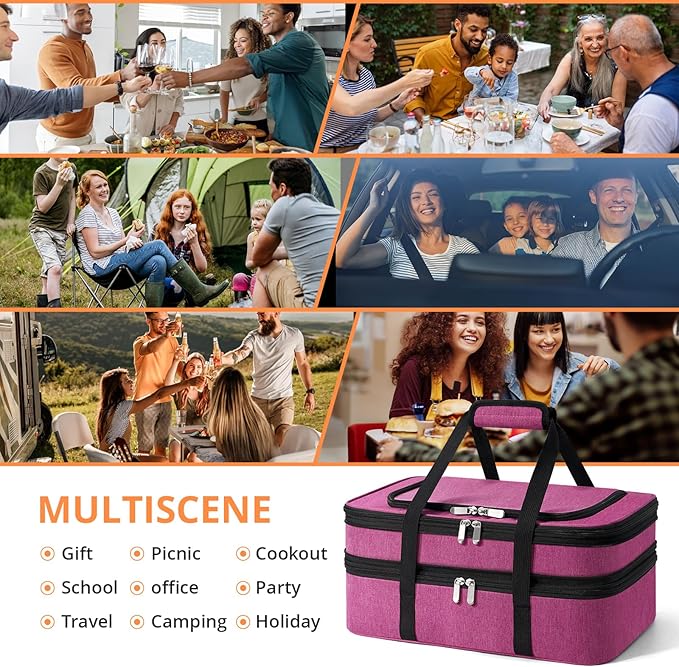 Insulated Double Casserole Carrier - Portable Casserole Carriers for Hot or Cold Food Lunch Tote Warmer or Cooler Bag for Potluck Parties Picnic Cookouts Fits 9 x 13 Baking Dish - Pink