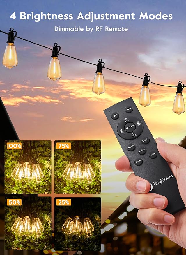 Brightown Solar String Lights Outdoor - 38FT Patio With Remote 16 Shatterproof LED Bulbs 3 Light Modes Waterproof Hanging Solar for Outside Backyard Party Decor