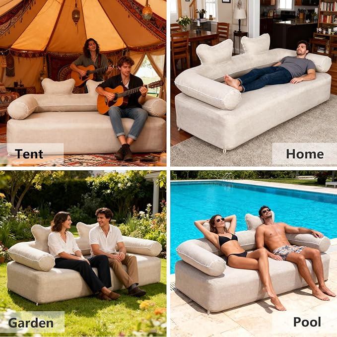 Portable Double Air Couch - Heavy Duty Outdoor Air Beach Couch Inflatable Lounger for Camping Picnics and Beach Games Camping Essentials for Aduilts 880 lbs (Double Inflatable Couch Khaki) | Outdoor