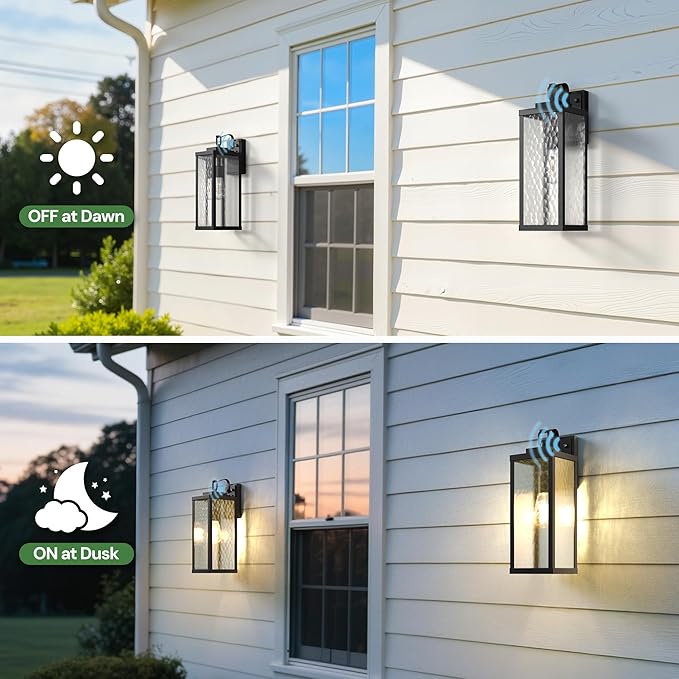 DORESshop Large Size Dusk to Dawn Outdoor Wall Lights 16 Inch Matte Black Waterproof Anti-Rust Outdoor Light Fixtures Wall Mount with Water Ripple Glass Shade for Porch Garage ETL Listed 2 Pack