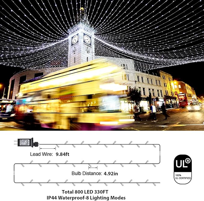 Outdoor Christmas String Lights 800LED 330FT White Fairy Lights 8 Mode Plug in Waterproof Indoor Outdoor Decor Lights for Bedroom Christmas Thanksgiving Wedding Party Garden Yard Tree