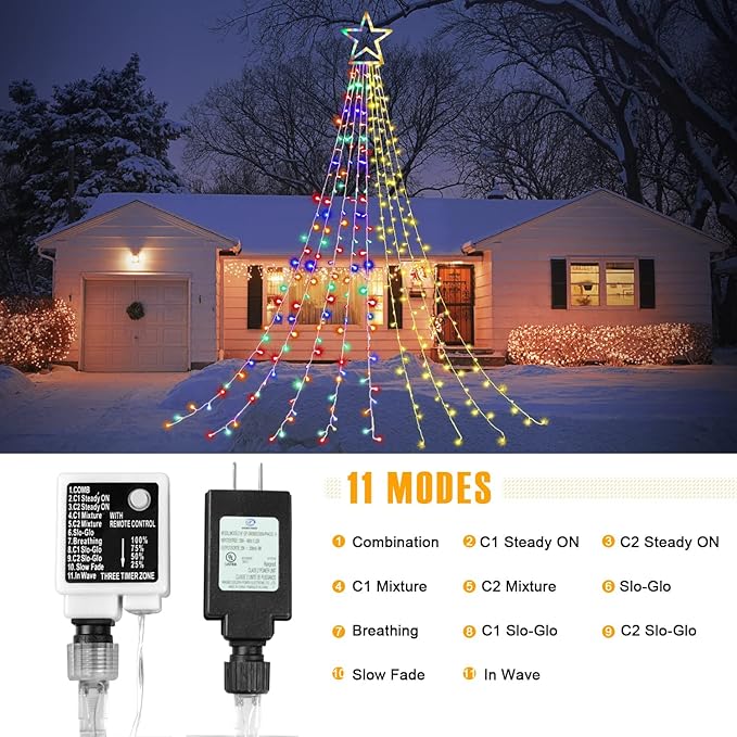 PUHONG Color Changing Christmas Lights 4 in1 Outdoor Star String Lights 320 LED Christmas Decoration Lights [11 Modes &amp Waterproof &amp Remote] for Halloween Xmas New Year Holiday (Warm+Multico