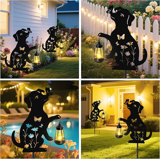 Solar Lights Outdoor 2 Pack Metal Dog Solar Lights Birthday Gifts for Women Mom Mother's Day Waterproof Metal Hanging Lantern Stakes Garden Decor Outside Patio Yard Pathway BackyardLawn