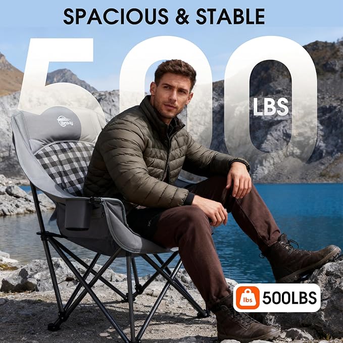 Oversized Camping Chairs for Adults Heavy Duty Padded Portable Lawn Chairs Outdoor Folding Chairs XL Camp Chairs with Cup Holder Suproot 500 lbs Gray Plaid