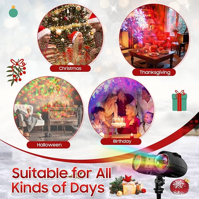 3-in-1 Christmas Projector Lights Outdoor Dynamic Snowflakes + Ocean Wave Water Pattern + Red/Green Laser Light Show IP65 Waterproof Remote Projector for Yard Holiday Decor