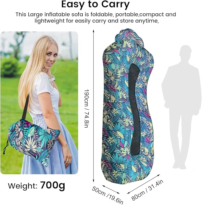 ele ELEOPTION Outdoor Inflatable Camping Couch Waterproof Portable Blow Up Air Sofa Chair Lounger for Backyard Beach Traveling Camping with Compression Sacks (Blue Leaf Print)