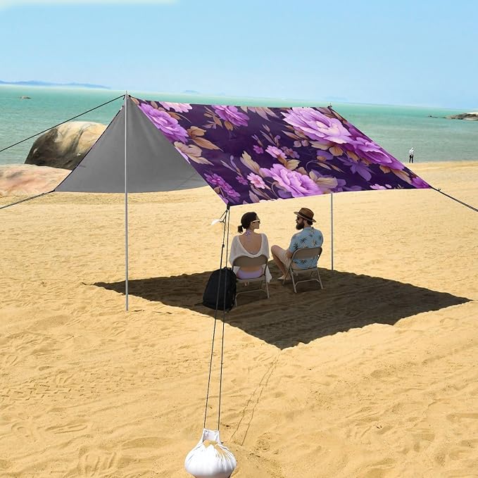Purple Roses Beach Tent Sun Shelter 9.2' x 10.5' Beach Canopy with 4 Sandbags 4 Stability Poles Sand Shovels - Tent Canopy for Beach Camping Fishing Picnics