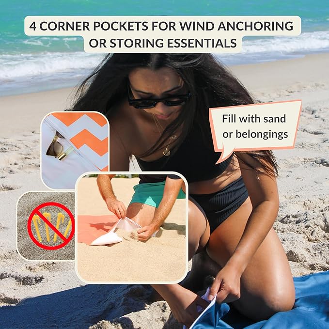 Plush Microfiber Beach Blanket Large Beach Mat for 1-4 Persons Sandproof Windproof | Hole for Umbrella Corner Sand Pockets to Fight Wind (Bag for Blanket Included)