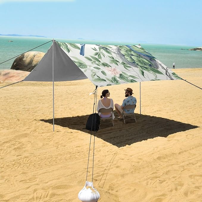 Birds and Leaves Beach Tent Sun Shelter 9.2' x 10.5' Beach Canopy with 4 Sandbags 4 Stability Poles Sand Shovels - Tent Canopy for Beach Camping Fishing Picnics