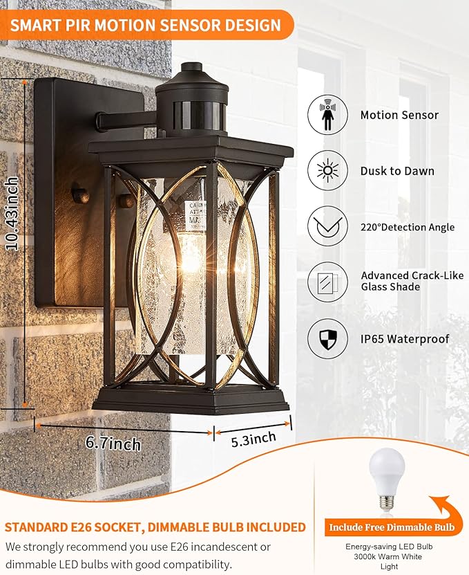 Motion Sensor Outdoor Wall Light with Dimmable Bulb Modern Dusk to Dawn Exterior Light Fixture Wall Mount Porch Light Black with Crack-Like Glass Coach Lantern for House Garage