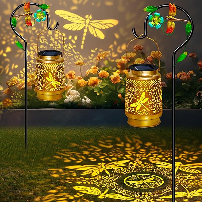 2 Pack Solar Lanterns Outdoor Decor Waterproof Dragonfly Gifts for Women MenMetal Outdoor Solar Lanterns Outside for GardenYardPatioLawn