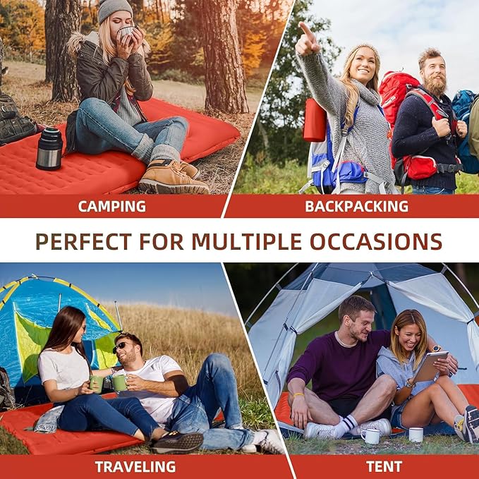 Camping Sleeping Pad Extra Thick 5 Inch Camping Mat with Pillow Built-in Foot Pump Inflatable Sleeping Pads Compact for Camping Backpacking Hiking Traveling Tent（Orange-Black）