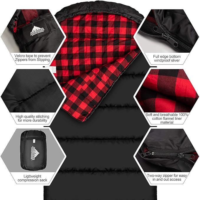 AGEMORE Cotton Flannel Sleeping Bag for Adults Lightweight XXL Cotton Sleeping Bag for Camping Backpacking or Hiking Water Resistant 3-4 Season Sleeping bag for Warm &amp Cool Weather