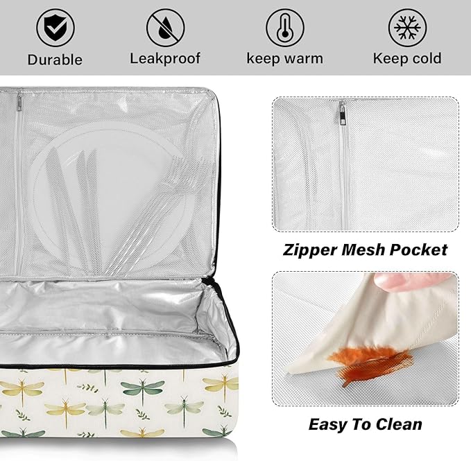 Casserole Carrier Elegant Pattern DragonfliesInsulated Casserole Carrier for Hot or Cold Food Thermal Lunch Tote for Potluck Parties Picnic Beach Fits 9 x 13 Inches Baking Dish