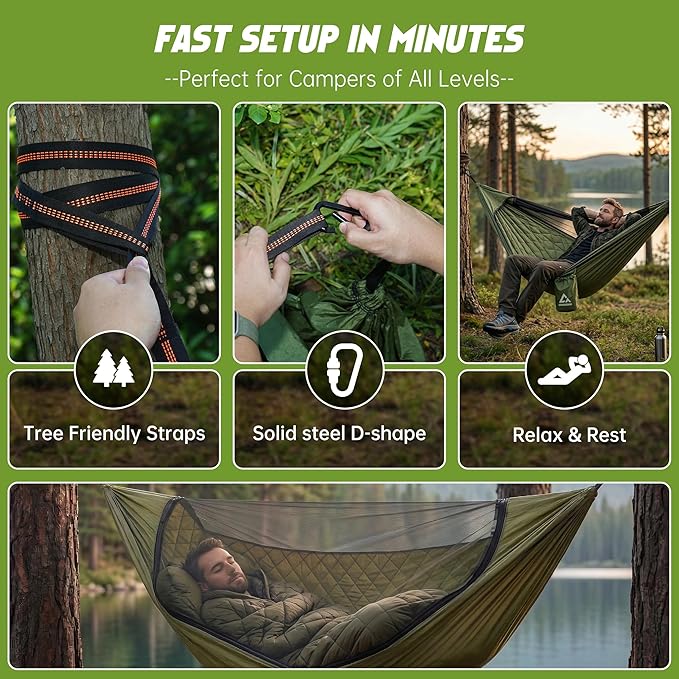 Camping Hammock with Mosquito Net with Built-in Underquilt - Built-in Quilt for Lightweight Soft Warm 4 Seasons Great for Hiking Backpacking Camping Travel(Hold Up to 500lbs) - Olive Green
