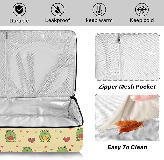 Casserole Carrier Green Frog Holding Colorful HeartsInsulated Casserole Carrier for Hot or Cold Food Thermal Lunch Tote for Potluck Parties Picnic Beach Fits 9 x 13 Inches Baking Dish