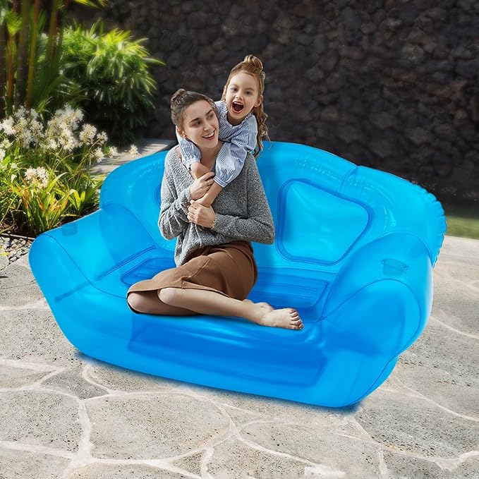 Transparent Inflatable Sofa Seat Blow up Chair Yard Portable Inflatable Couch Air Couch Patio Blow up Furniture for Camping Outdoor Beach Room Adult Teen 180*90*95cm/70.9*35.43*37.4in (Blue)