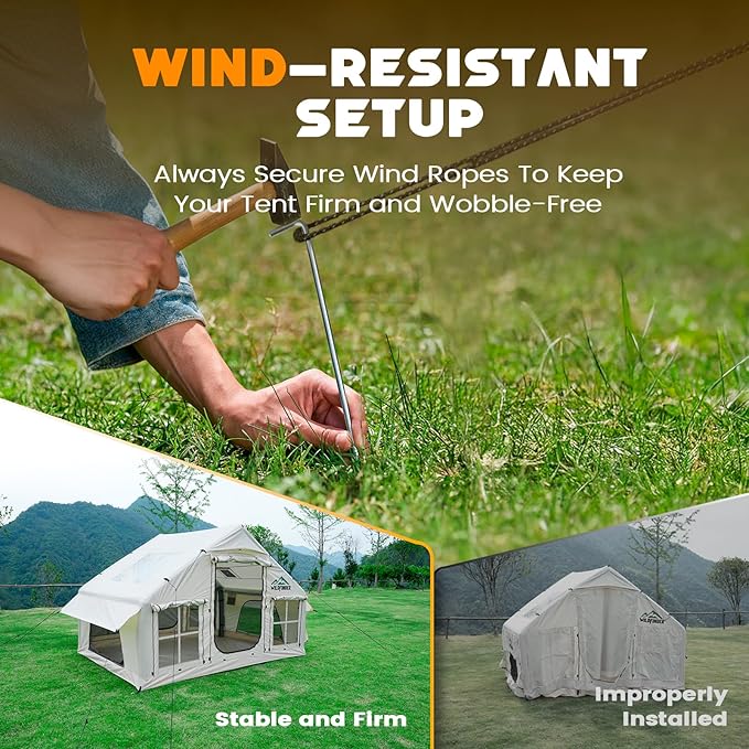 Inflatable Tent with Skylight Quick Setup Blow Up Tents with Pump Hot Tent with Stove Jack Waterproof Oxford Inflatable House for Camping Air Glamping Tents for Camping Adult 4-6 Person