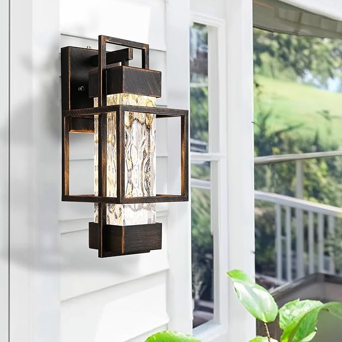 PARTPHONER Modern Outdoor Light Fixtures Dusk to Dawn Outdoor Lighting 2 Pack 15 Exterior Wall Sconce Waterproof Outside Porch Light for House with Water Glass Black Brushed Gold