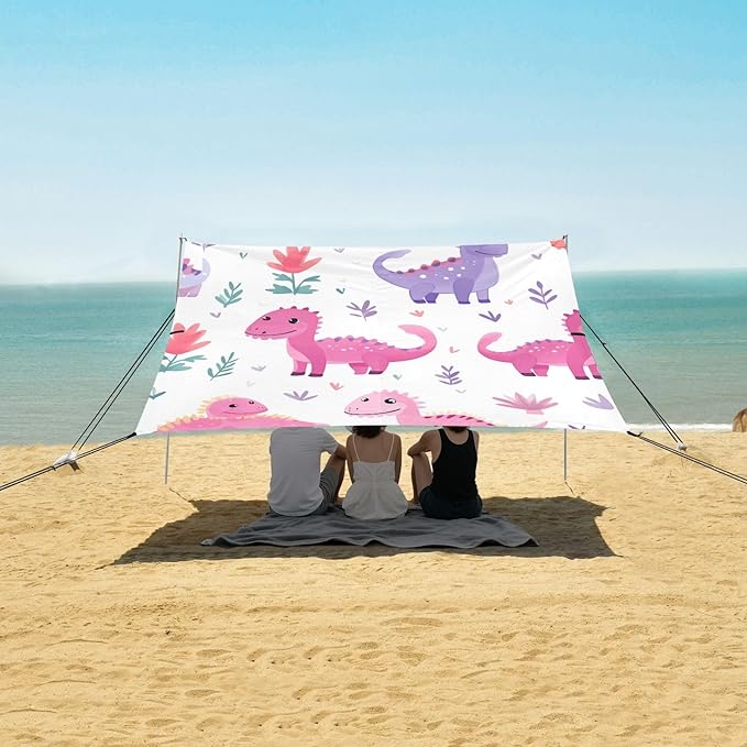 Red Purple Dinosaur Camping Sun Shelter Beach Tent Portable Beach Sun Shade Outdoor Canopy for Camping Trips Fishing Picnic