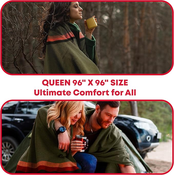 Ever Ready First Aid Military Wool Blanket - 95% Wool Washable Perfect for Outdoors Travel Car &amp Bushcraft Emergency Blanket 96 x 96 6.65 lbs. - Olive Drab Green with Stripes - Queen Size