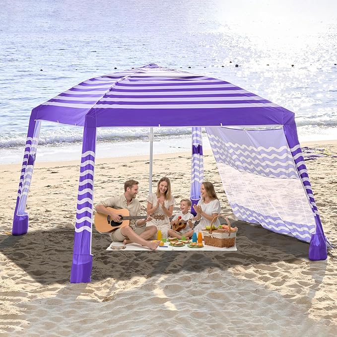 Zeraty Beach Cabana 8'×8' Portable Beach Canopy with Side Wall Easy Pop Up UPF 50+ Silver-Coated Beach Tent Sun Shelter Wind Resistant Adjustable Height Beach Umbrella Tent for Family Violet