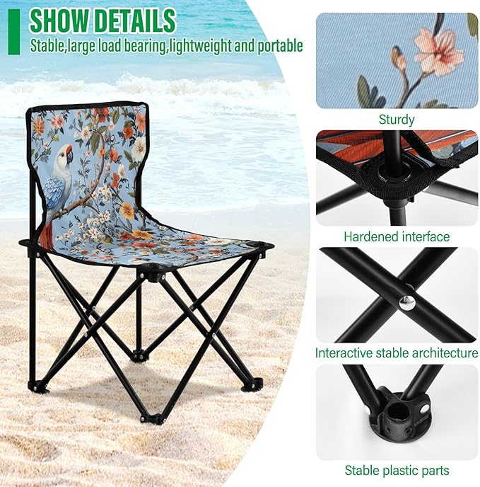 Tropical Plants Parrots Animals Foldable Backpacking Camp Chair Ultra Lightweight Hunting Chairs Carry Bag Included